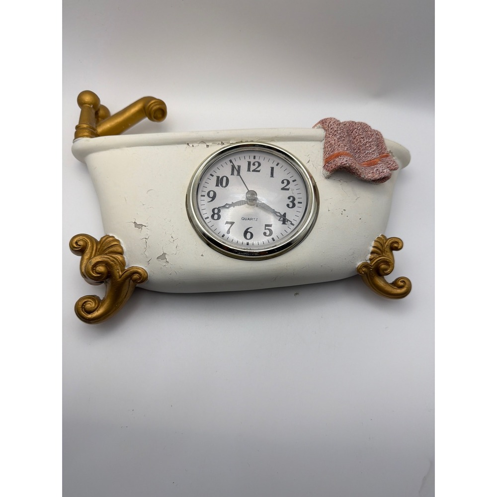 Vintage MSR Imports Clawfoot Bathtub Novelty Wall Desk Clock White Gold Works